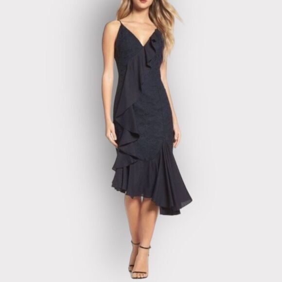 C/MEO Collective Phase Cascading Ruffle Navy Blue  Midi Dress - Picture 1 of 6